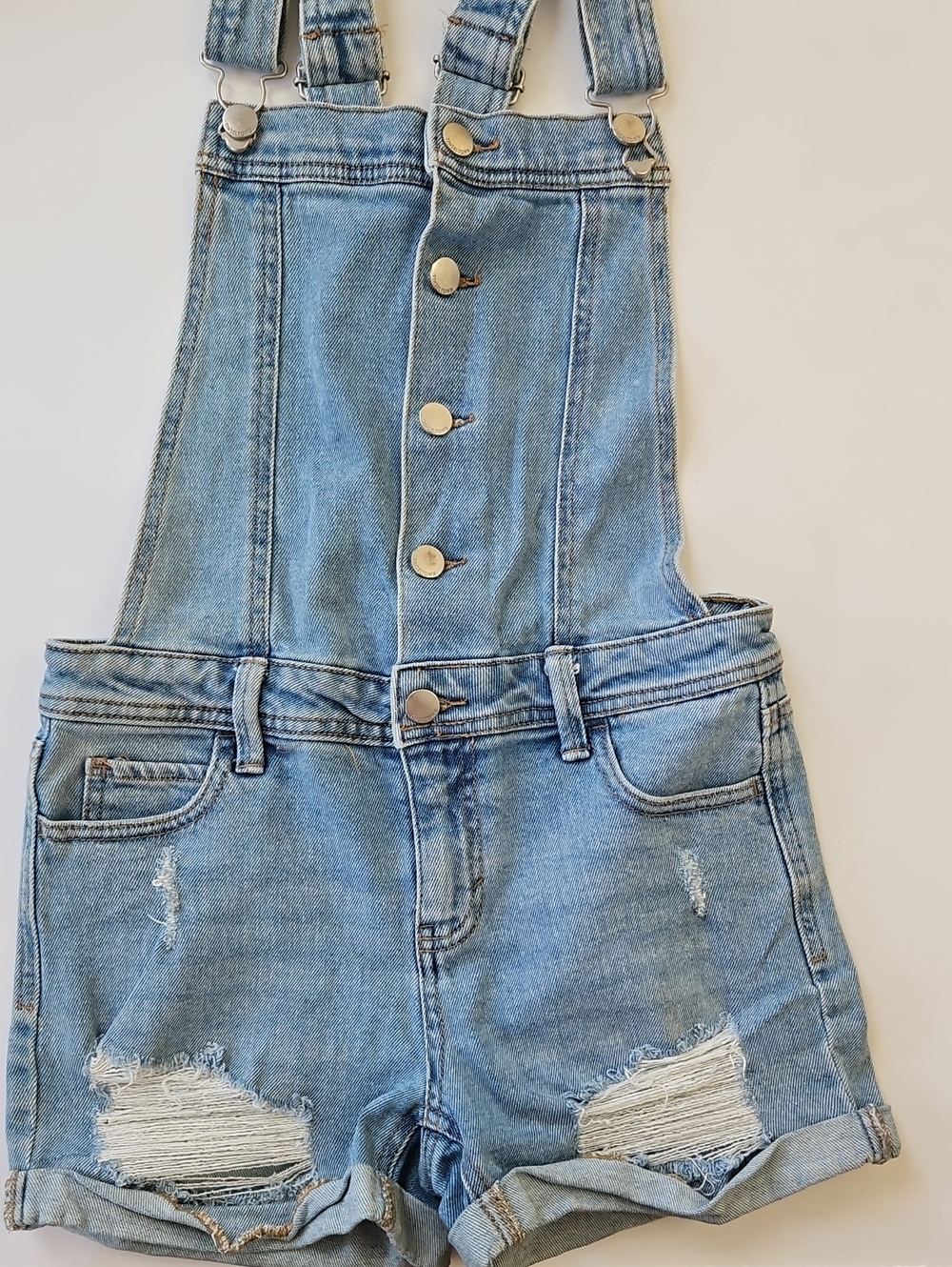 Tinseltown Light Blue Distressed Denim Short Overalls